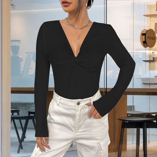 Black Twist V Neck Long Sleeve Slim Fit Top