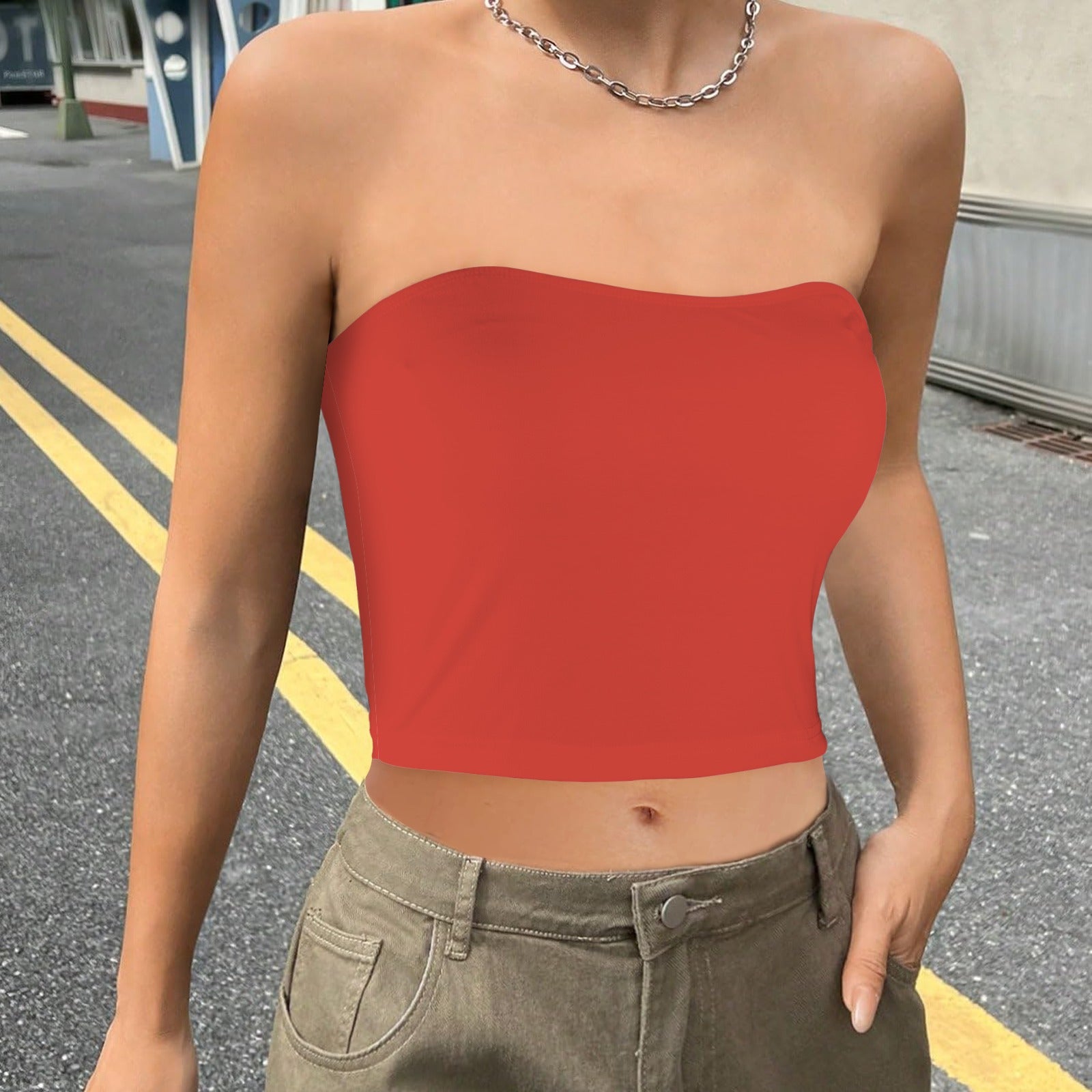 Neutral Coral Basic Backless Tube Crop Top