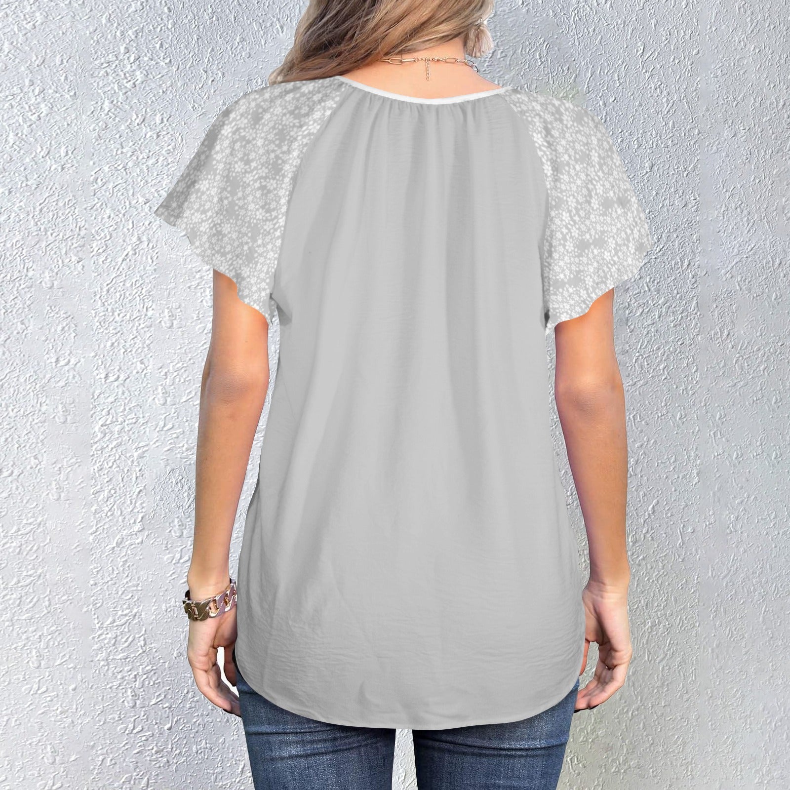 V-Neck Drawstring Blouse Tops Grey White Floral