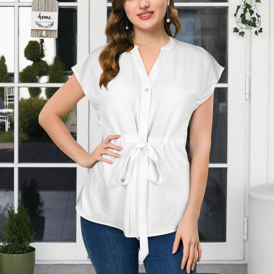 White Tie Front Cap Sleeve Blouse