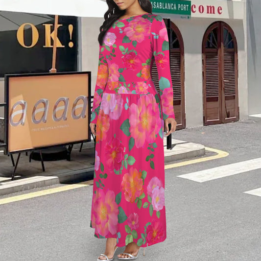 Long Sleeve Pocket Pleated Maxi Dress Magenta Multi Rose Floral