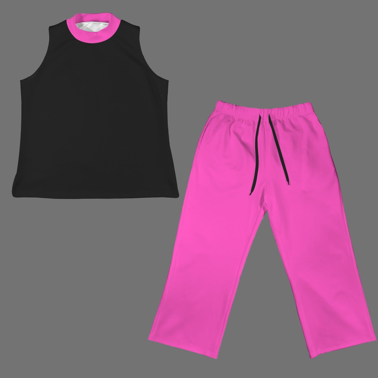 Sleeveless Mock Neck Top & Wide Leg Cropped Pants Set Black Fuchsia