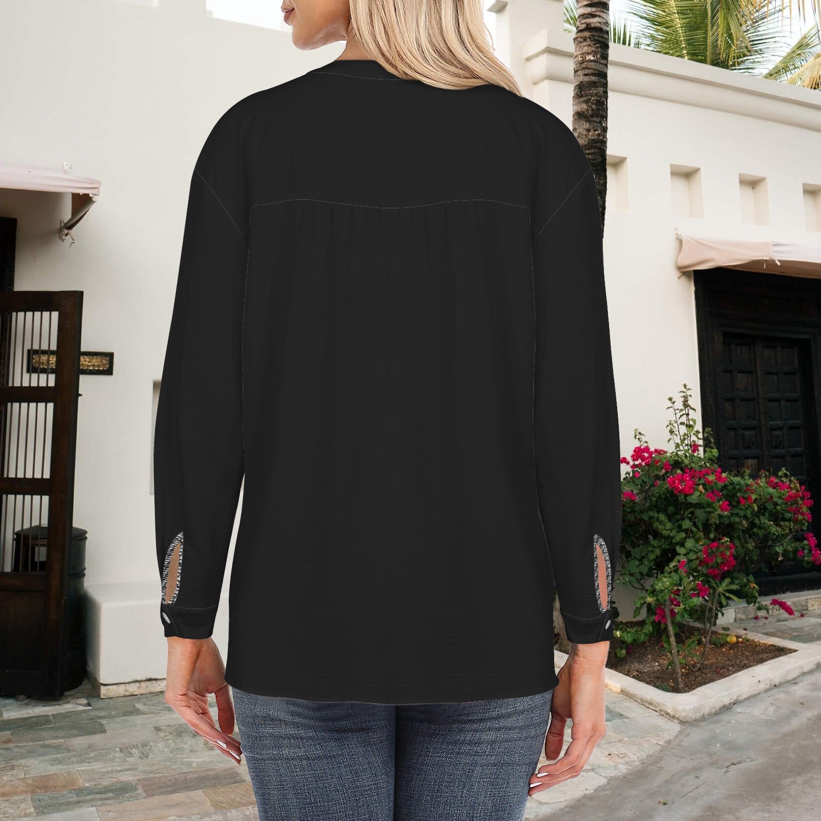 Button V Neck Long Sleeve Blouse Black