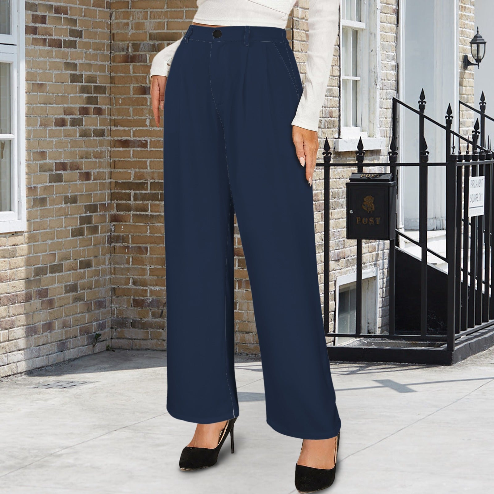 High Waist Long Straight Wide Leg Pants Darkest Blue