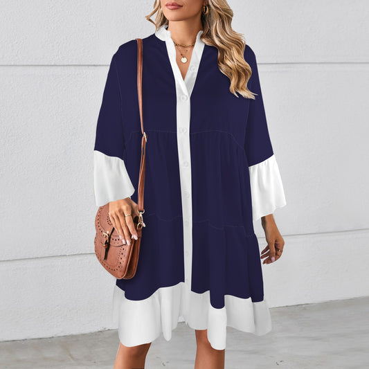 White & Night Sky Flared Sleeve Button Tiered Shirt Dress