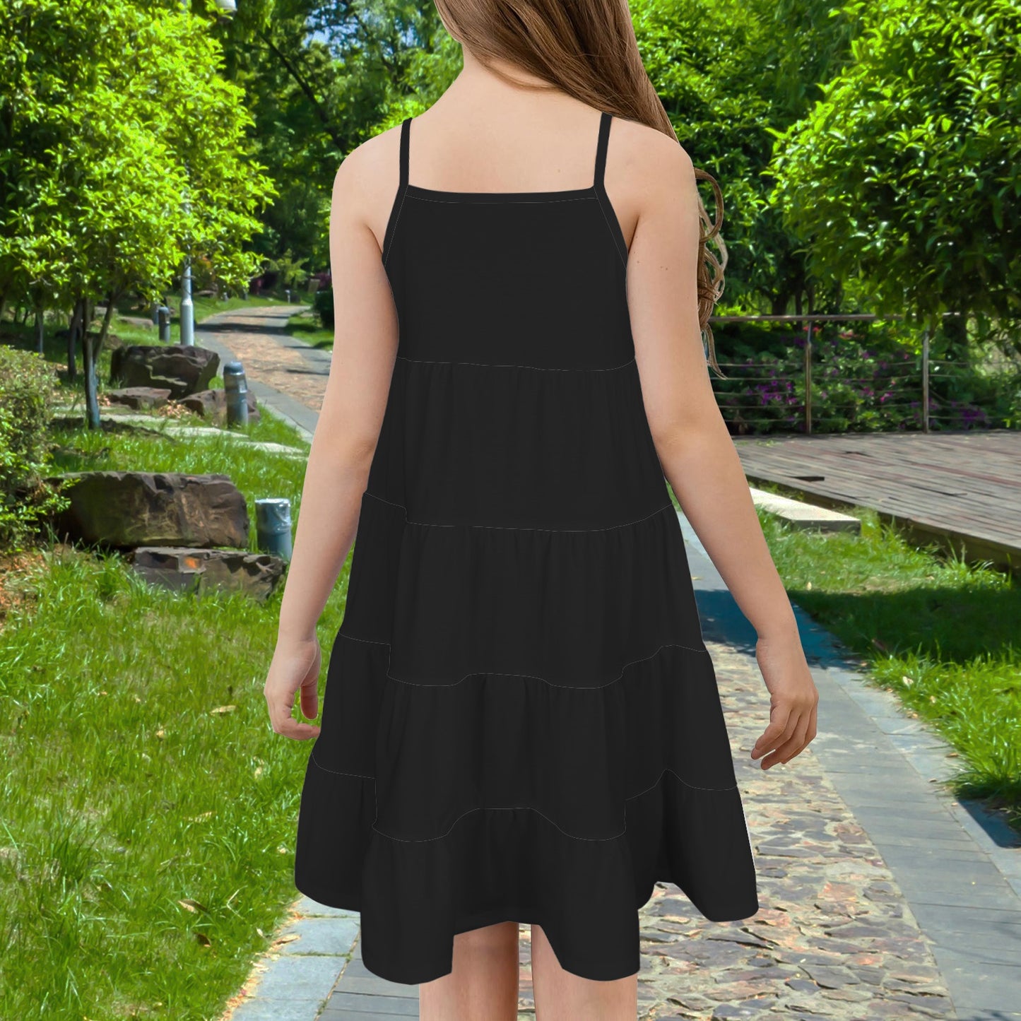 Spaghetti Strap Tiered Girls Dress Black