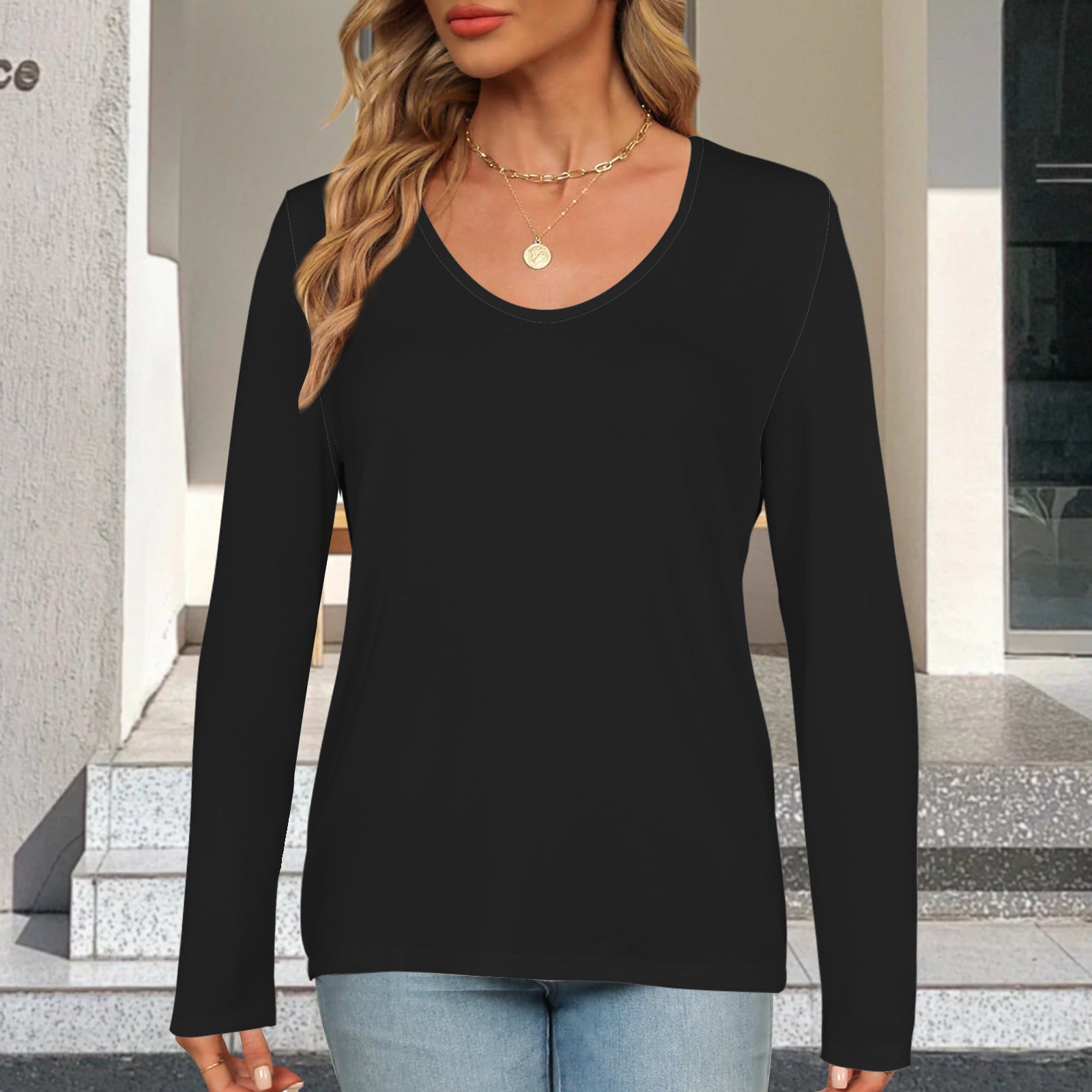 V Neck Long Sleeve Pullover Top Black