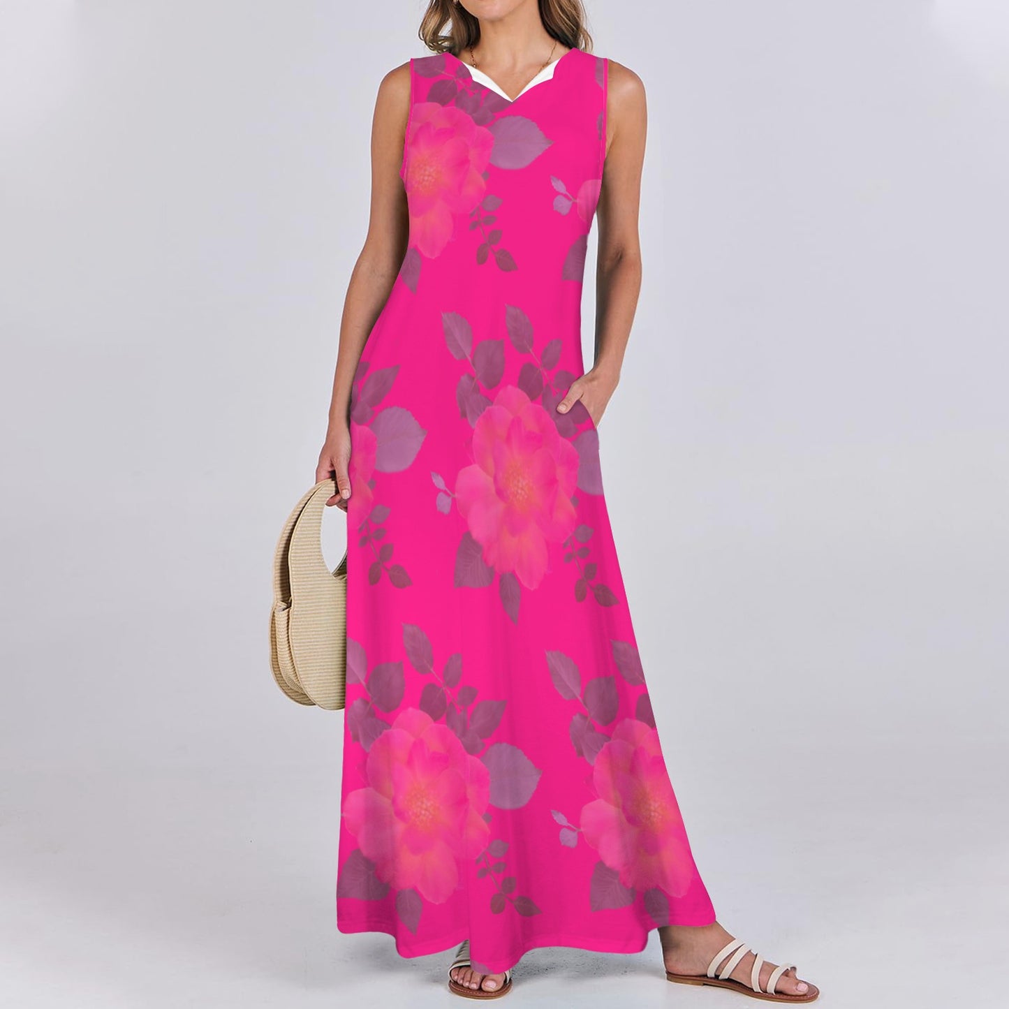 Sleeveless Maxi Dress Roses Magenta