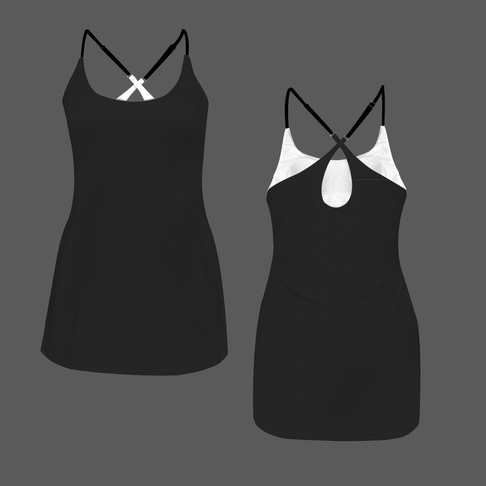 Built-in Bra & Shorts Crossback Pocket Active Sport Slip Dress Black