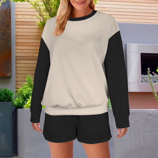 Beige Black Neutral Long Sleeve Fleece Sweatshirt & Drawstring Shorts Set