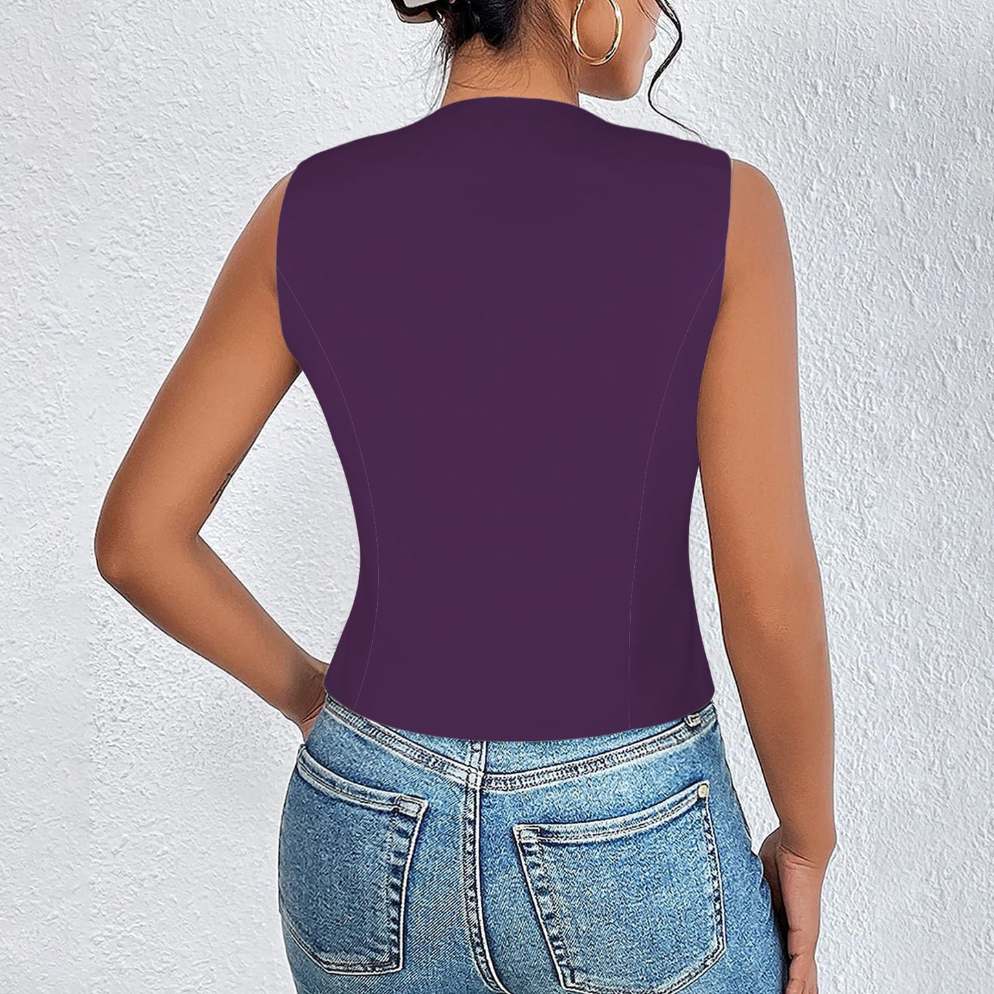 V-Neck Sleeveless Button Pocket Vest Flower Purple