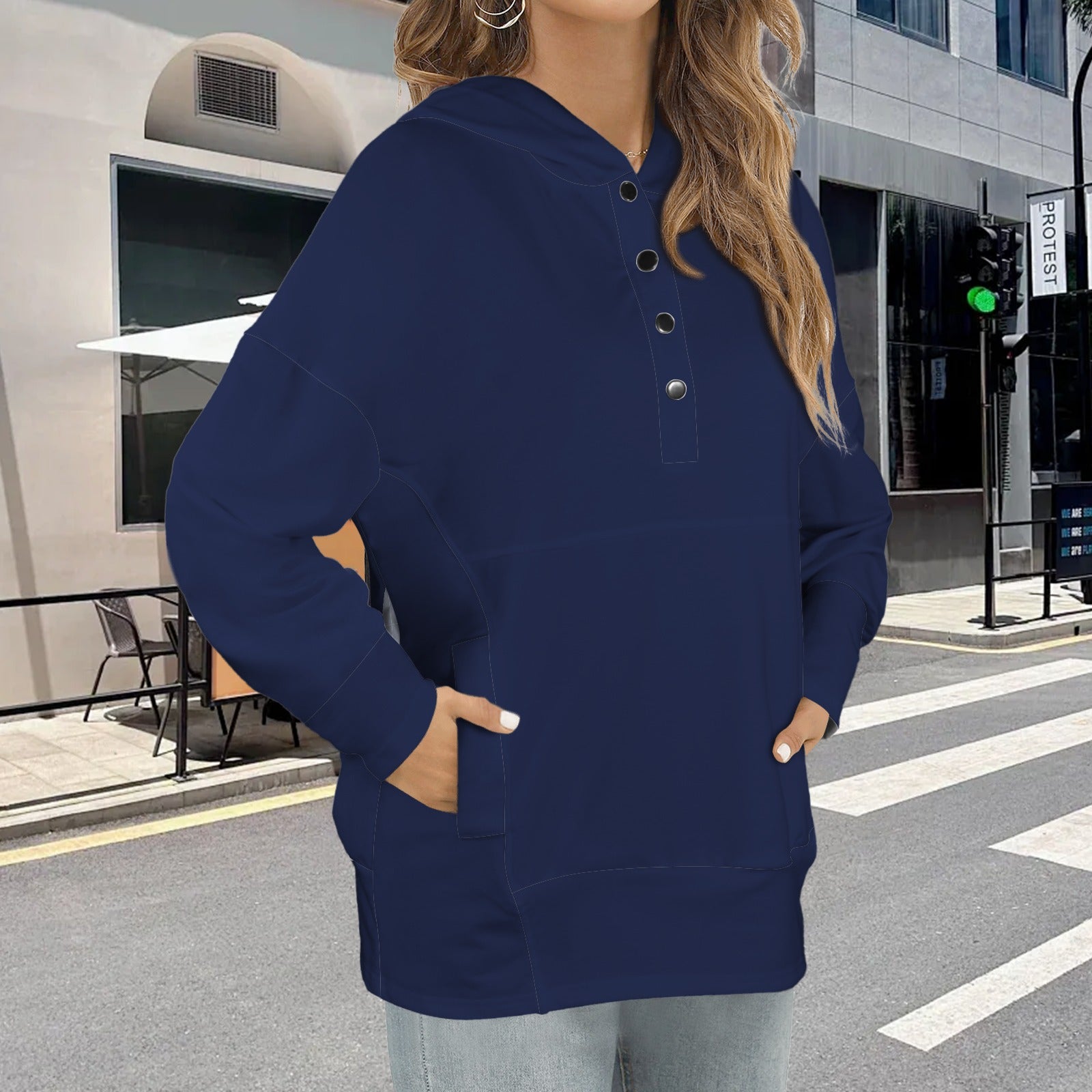 Button V Neck Pocket Hoodies Night Blue