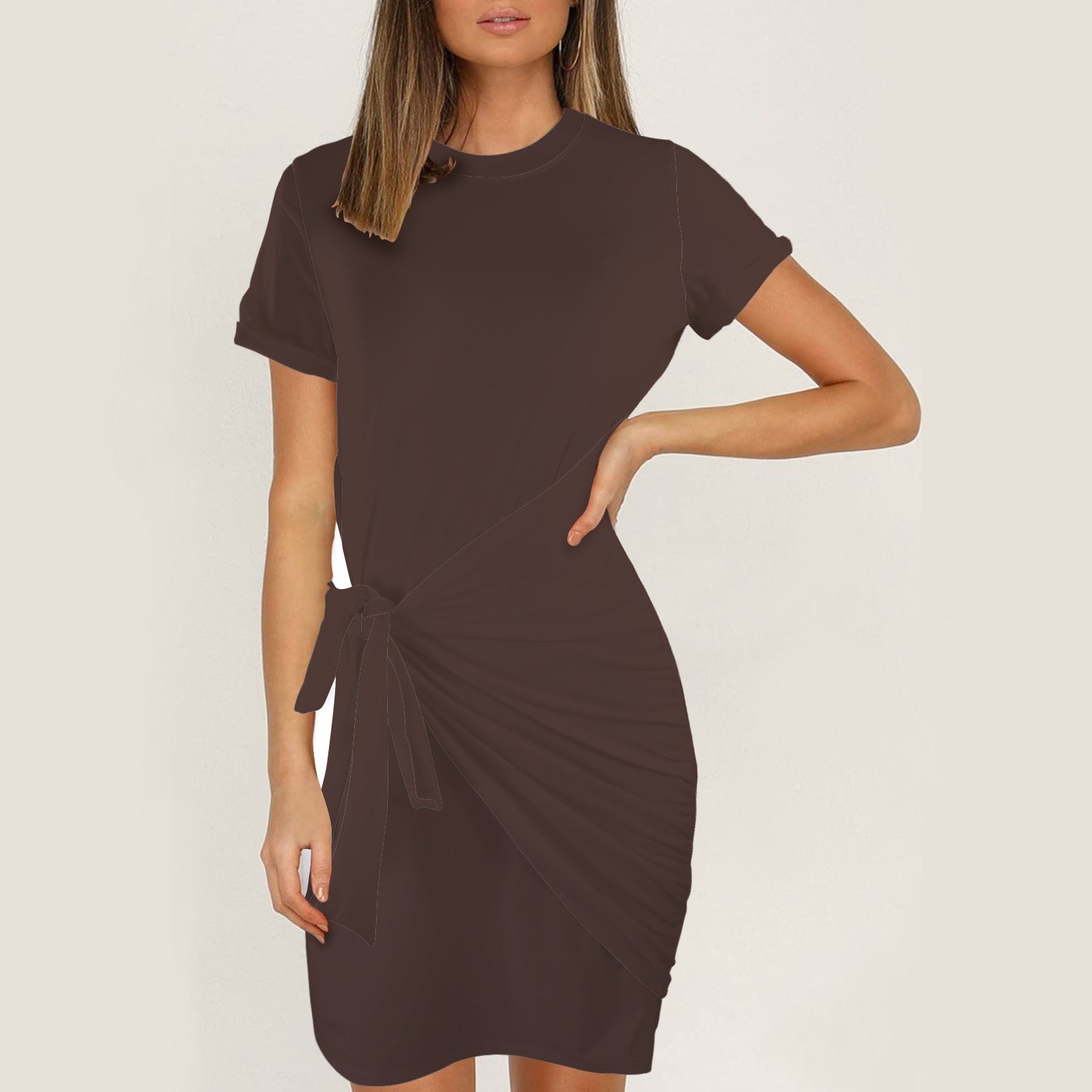 Short Sleeve Wrap Bodycon Ruched Tie Waist Chocolate Espresso