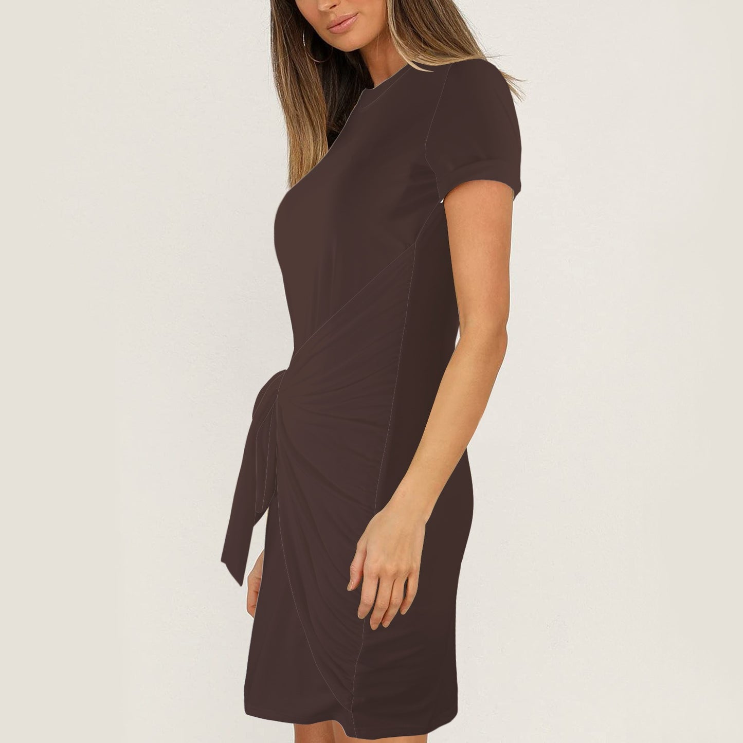 Short Sleeve Wrap Bodycon Ruched Tie Waist Chocolate Espresso