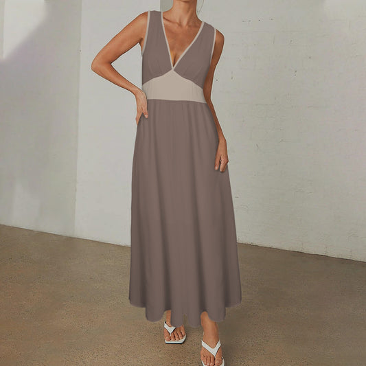 Deep V-Neck Sleeveless Hight Waisted Maxi Dress Mocha