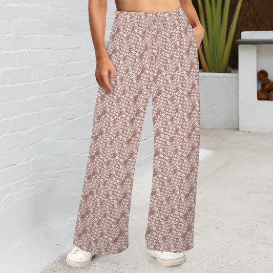 Brown White Floral Links Print Wide Leg Pants with Pockets