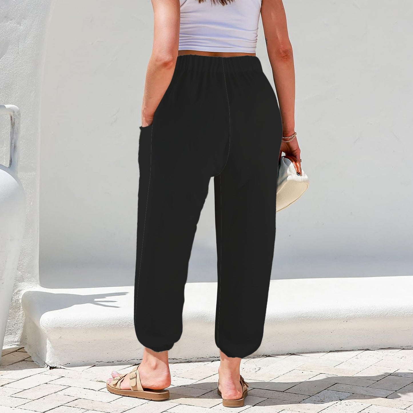 Loose Pocket Gathered Button Ankle Pants Black