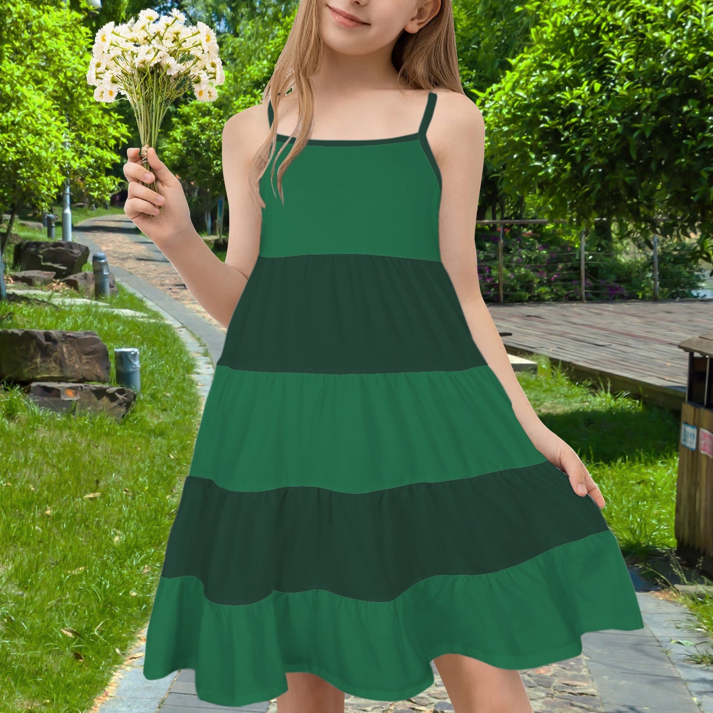 Spaghetti Strap Tiered Girls Dress Emerald Garden