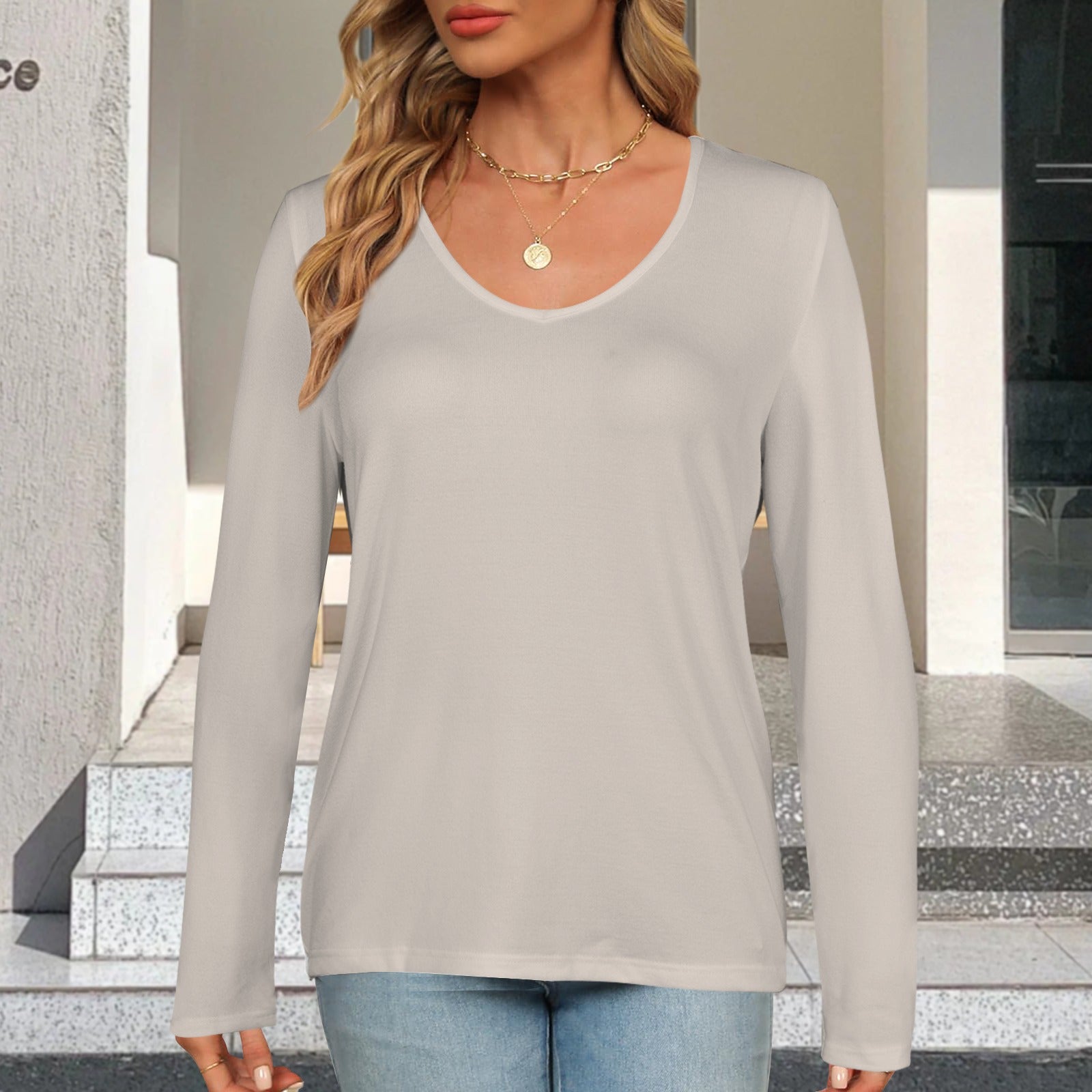 V Neck Long Sleeve Pullover Top Light Beige