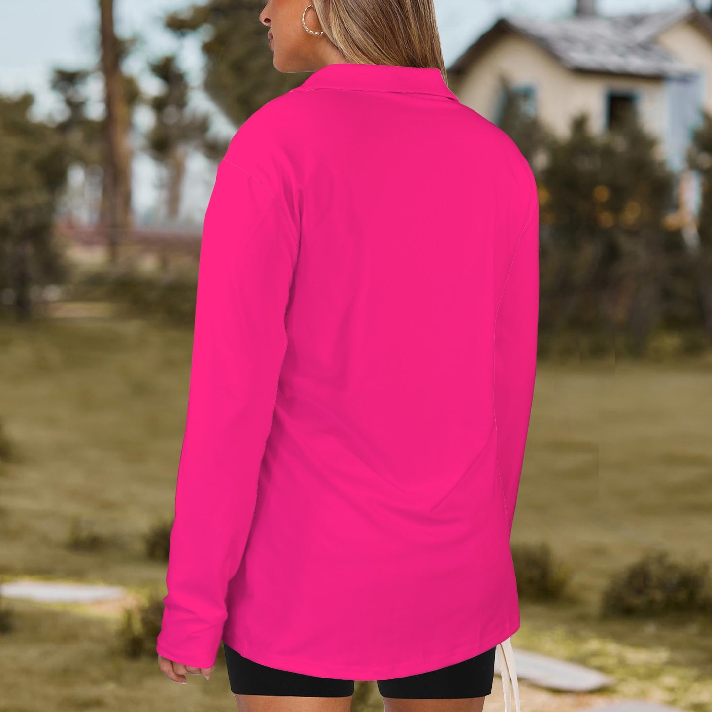 Lapel Half Zip Long Sleeve T-Shirt Magenta