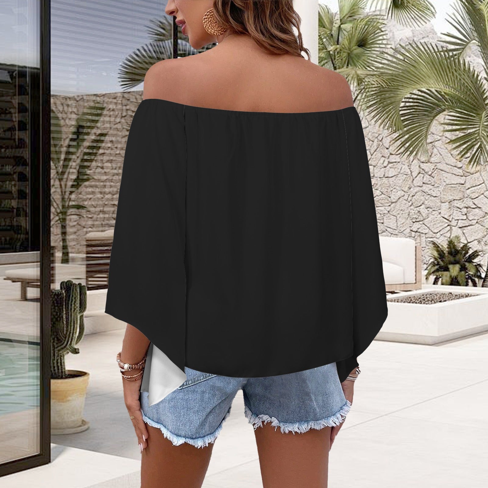 Off Shoulder Trumpet Sleeve Blouse Black