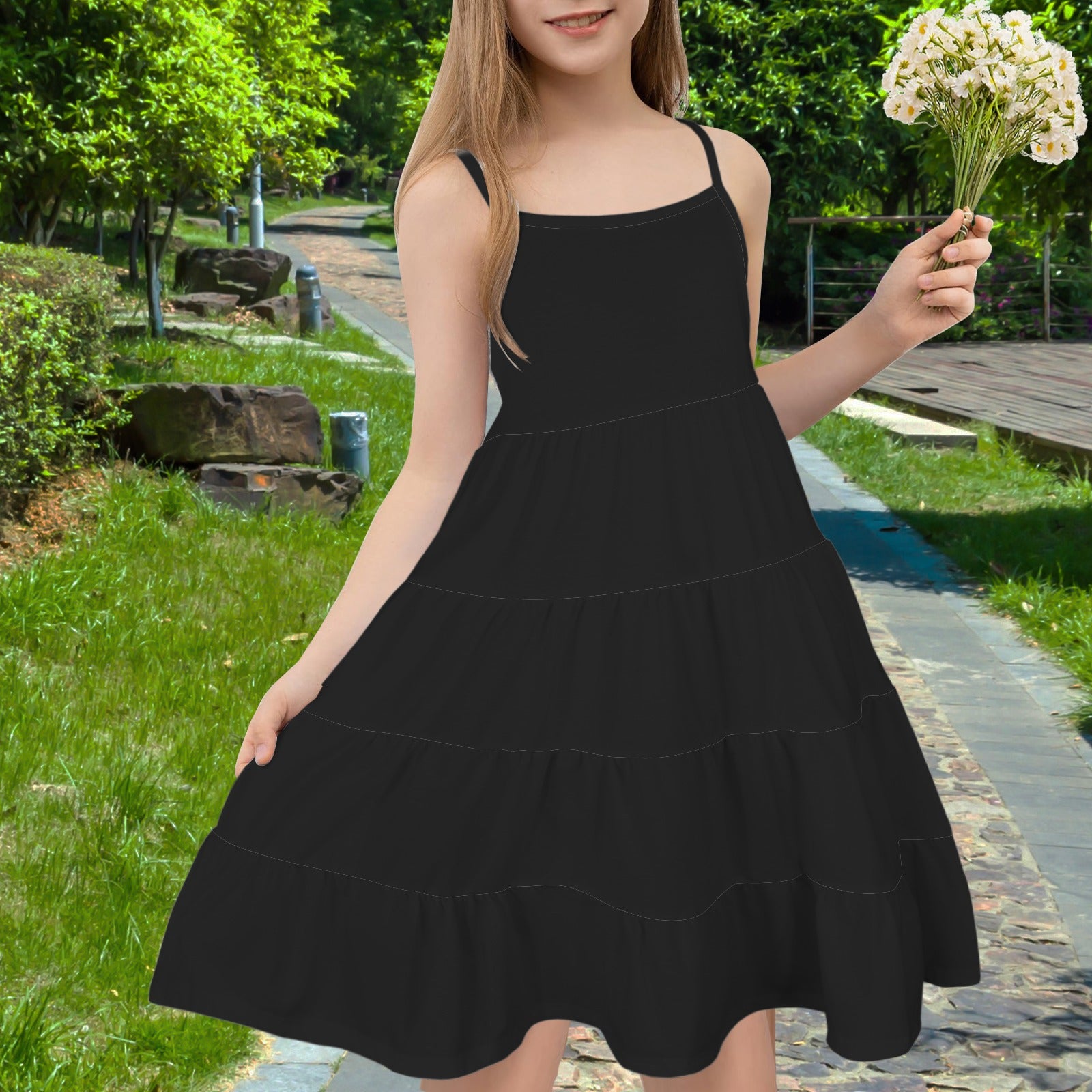 Spaghetti Strap Tiered Girls Dress Black