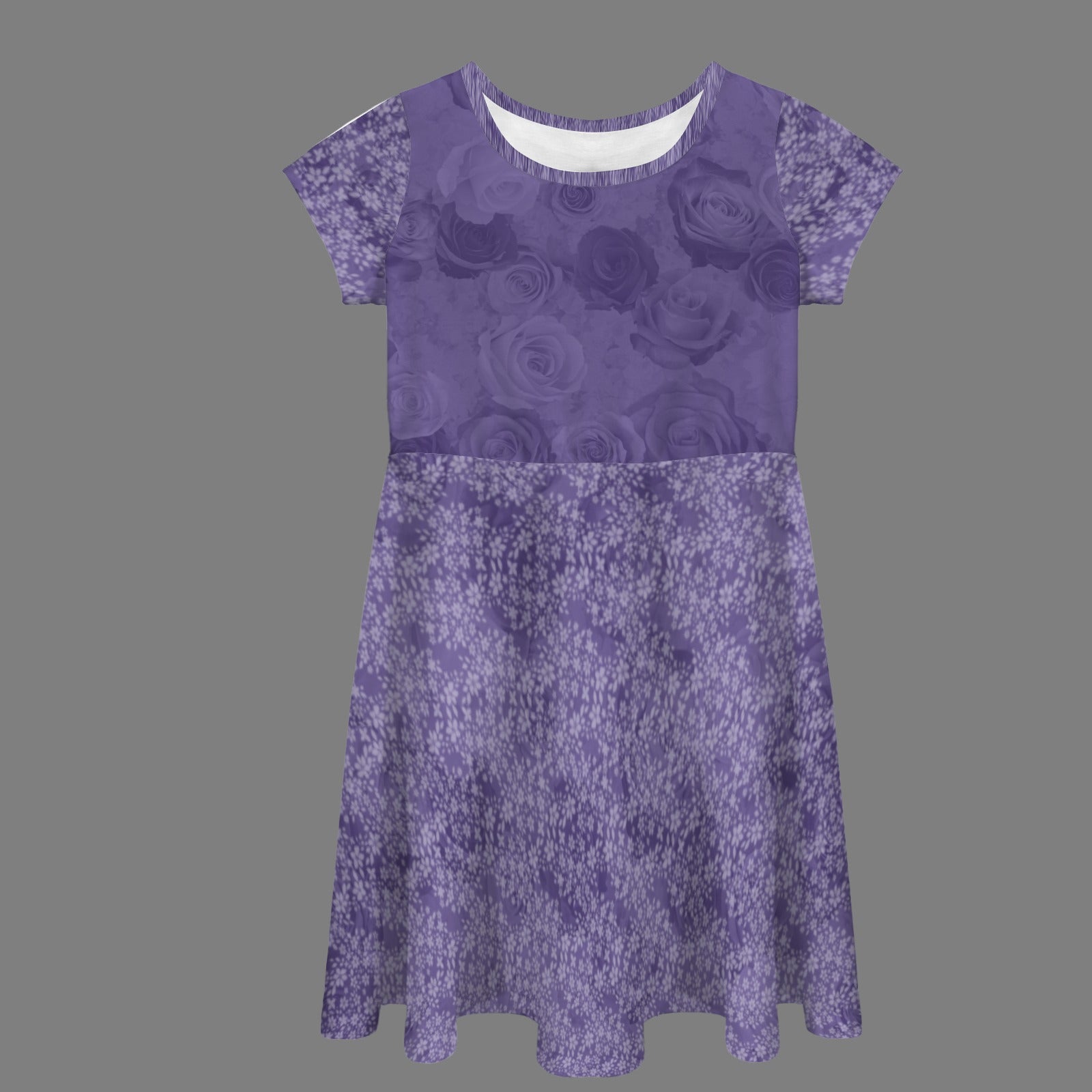 Short Sleeve Flowy Hem Girls Dress Violet Blue Roses Floral