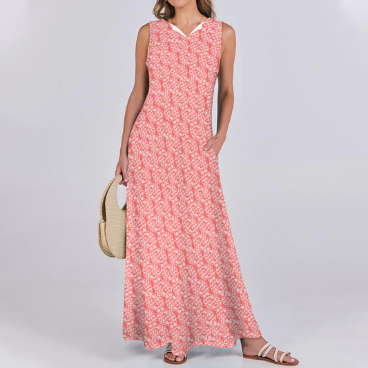 Red Grapefruit Floral Long Sleeveless Dress