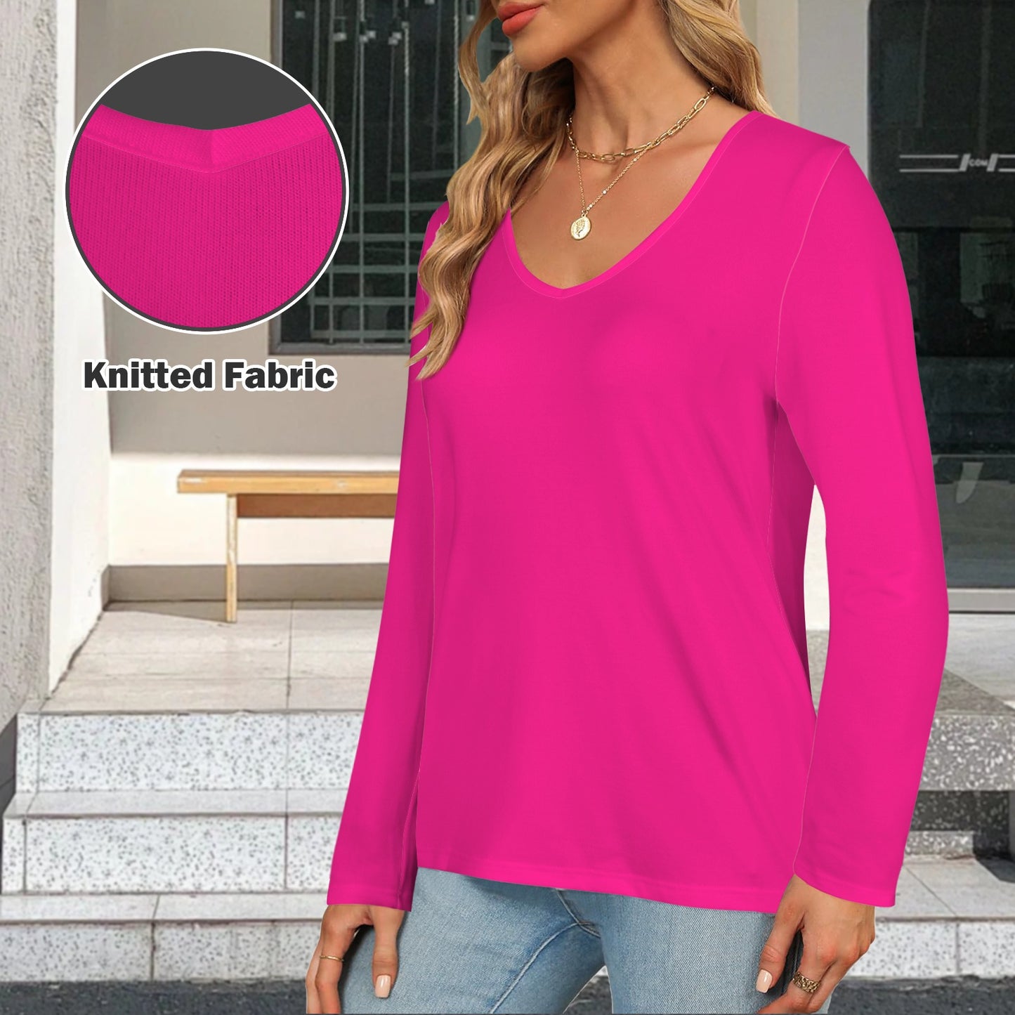 V Neck Long Sleeve Pullover Top Magenta