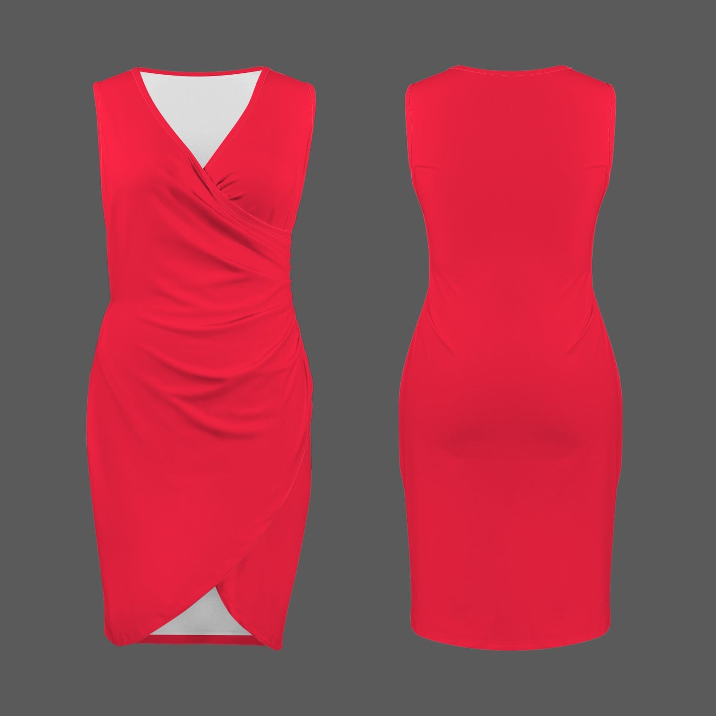 V Neck Sleeveless Faux Wrap Ruched Bodycon Dress Red Bright