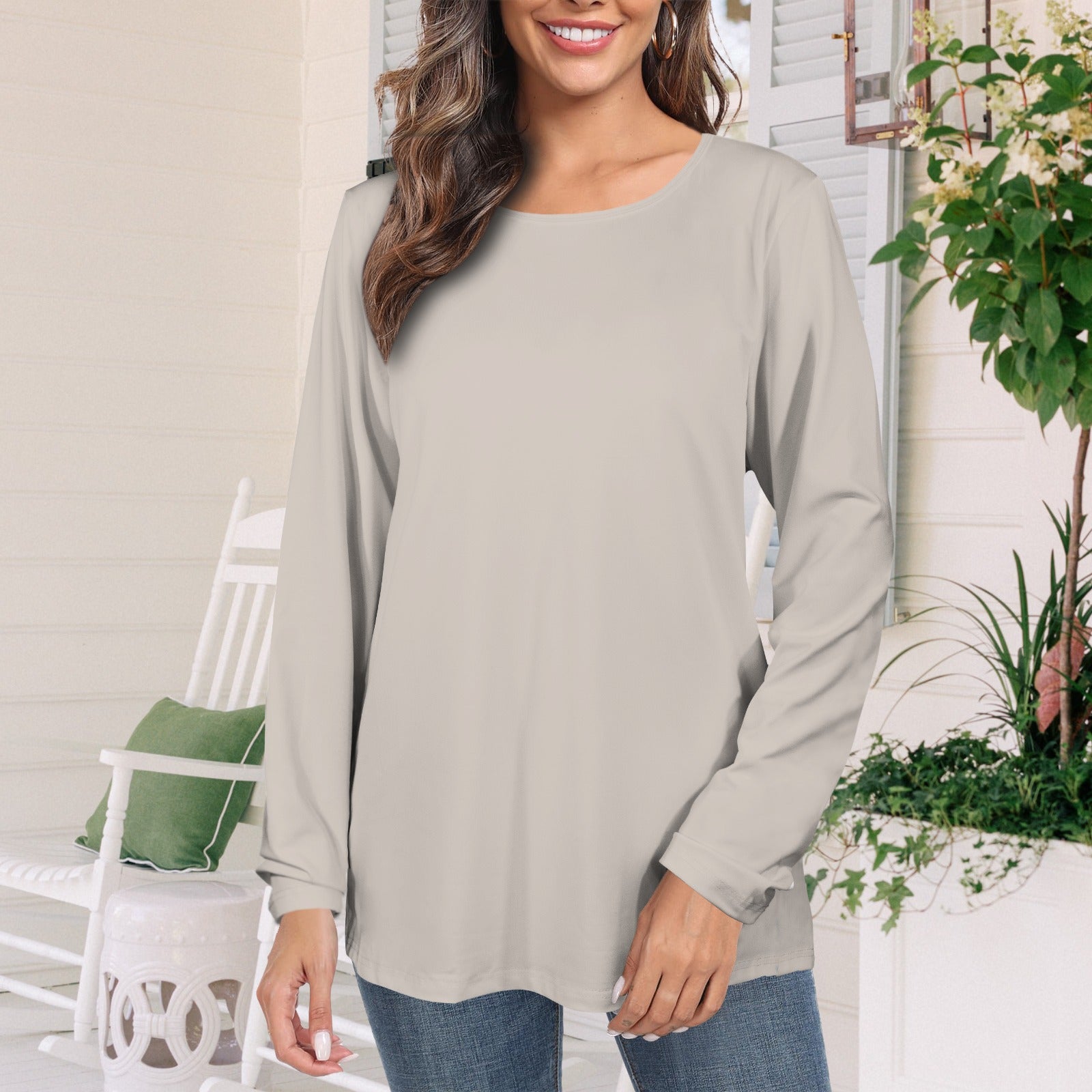 Long Sleeve Round Neck T Shirt Light Taupe