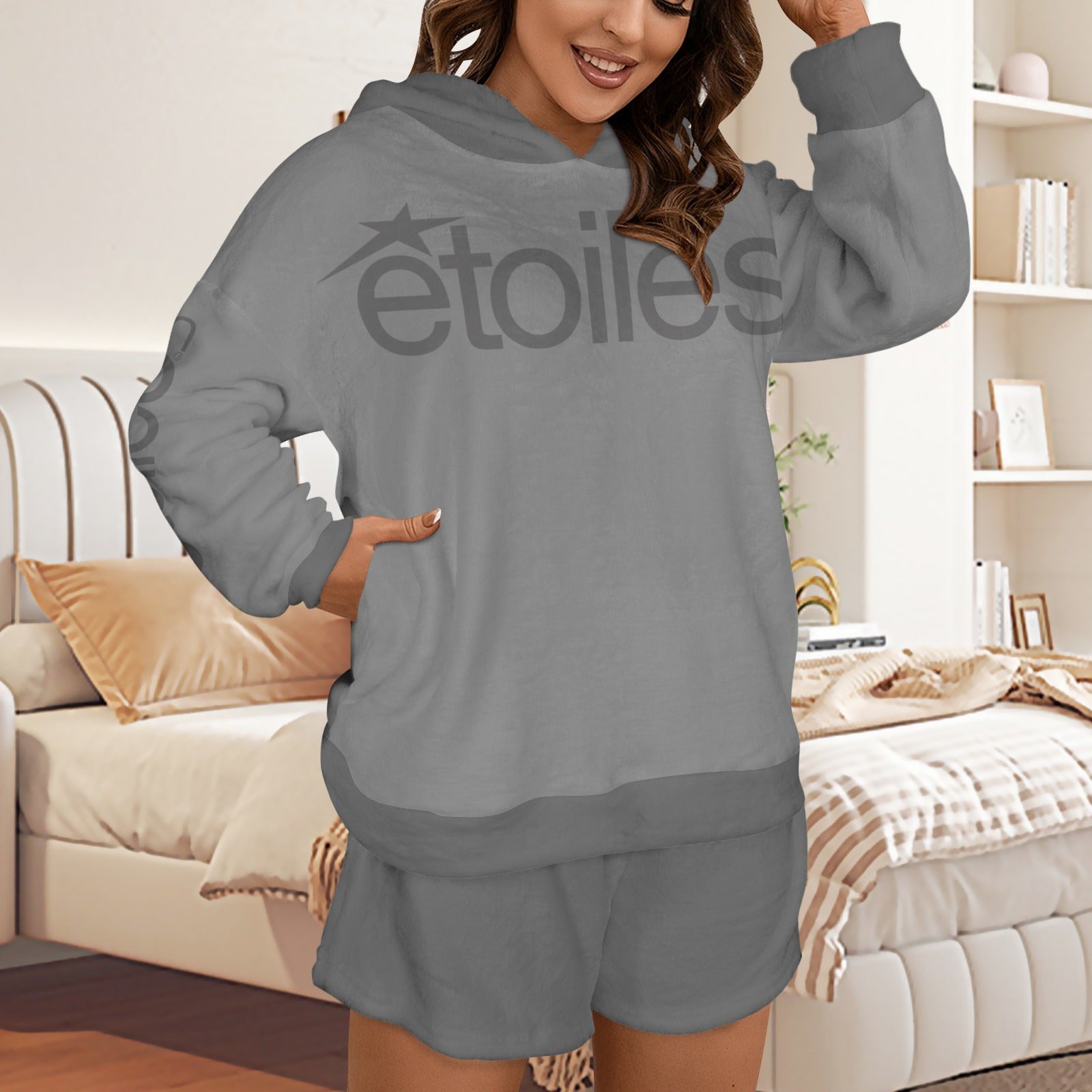 Plush Hooded Pajamas Set étoiles Logo Grey