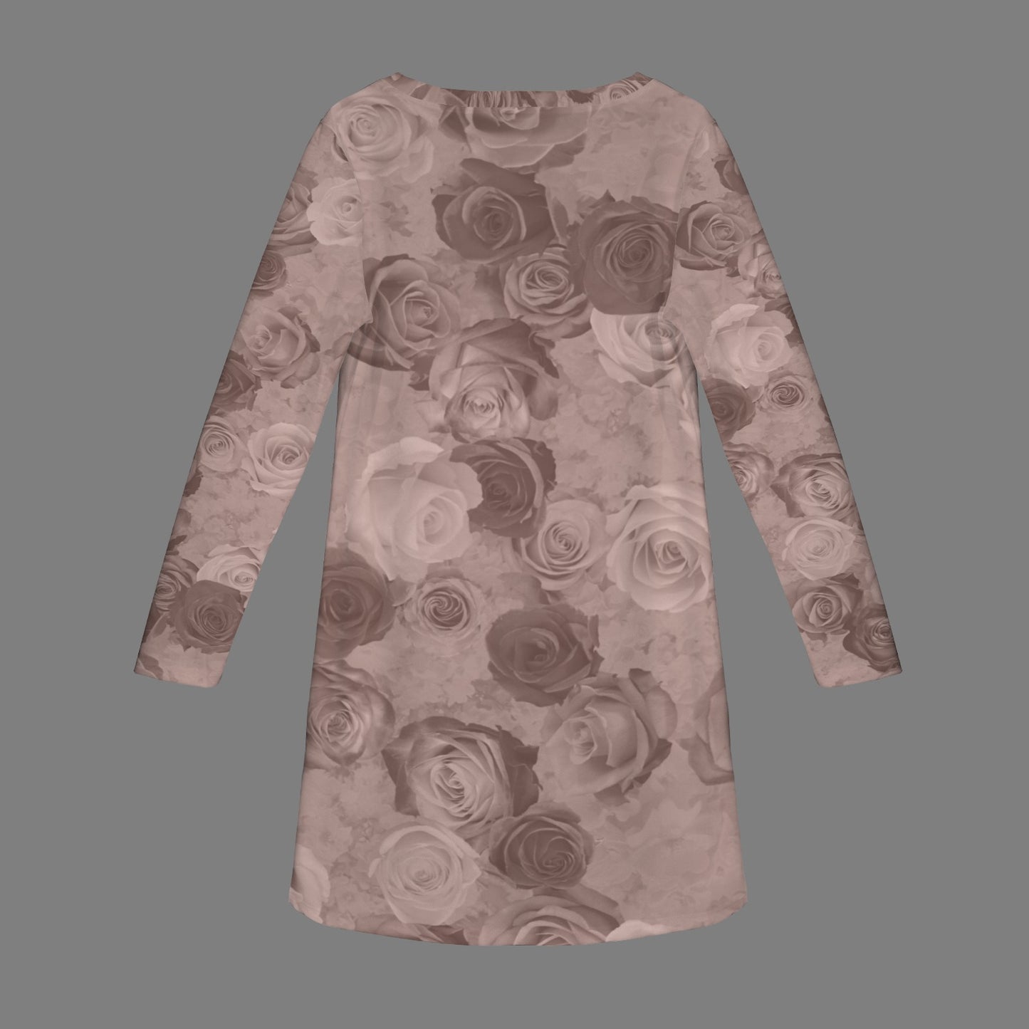 Casual Long Sleeve Dress Mauvy Taupe Roses