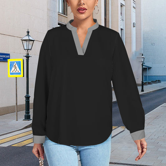 V-Neck Long Sleeve Blouse Black Grey