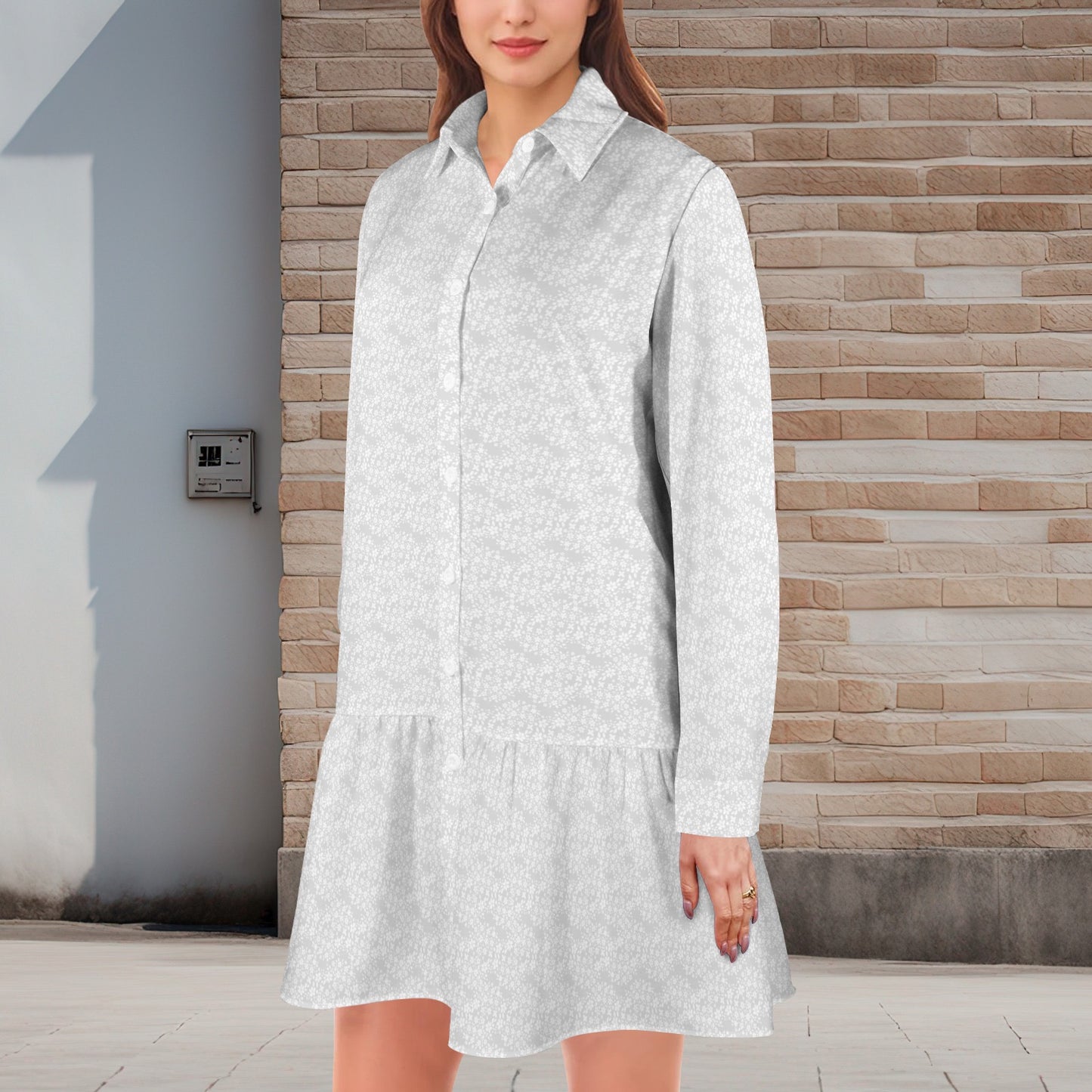 Lightest Grey White Floral Lapel Button Long Sleeve Pleated Shirt Dress