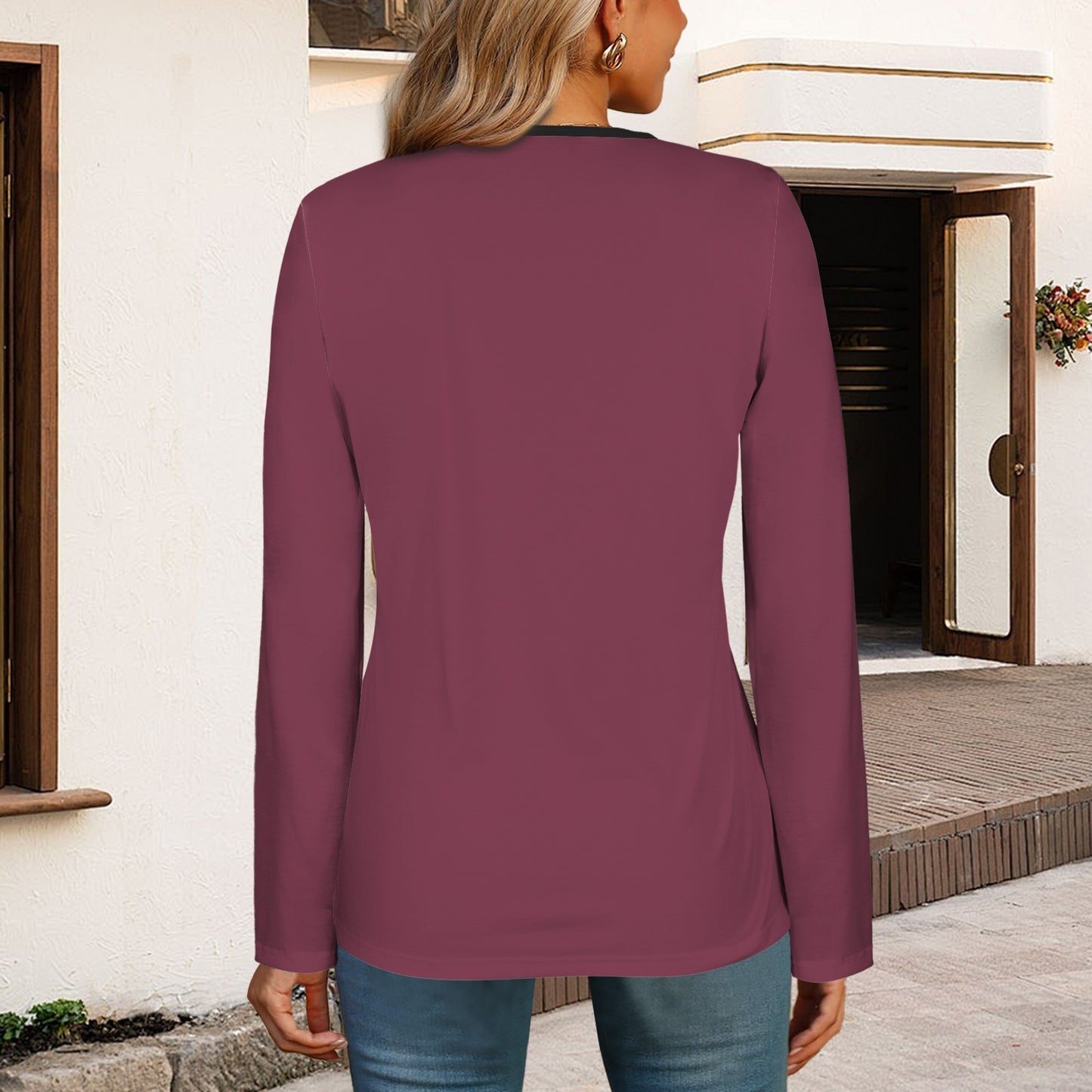 Long Sleeve Zip Front T-Shirt Mauve Rose