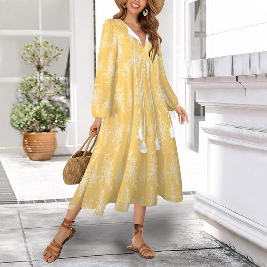 Floral Clusters Yellow White Flared Skirted Long Sleeved Dress