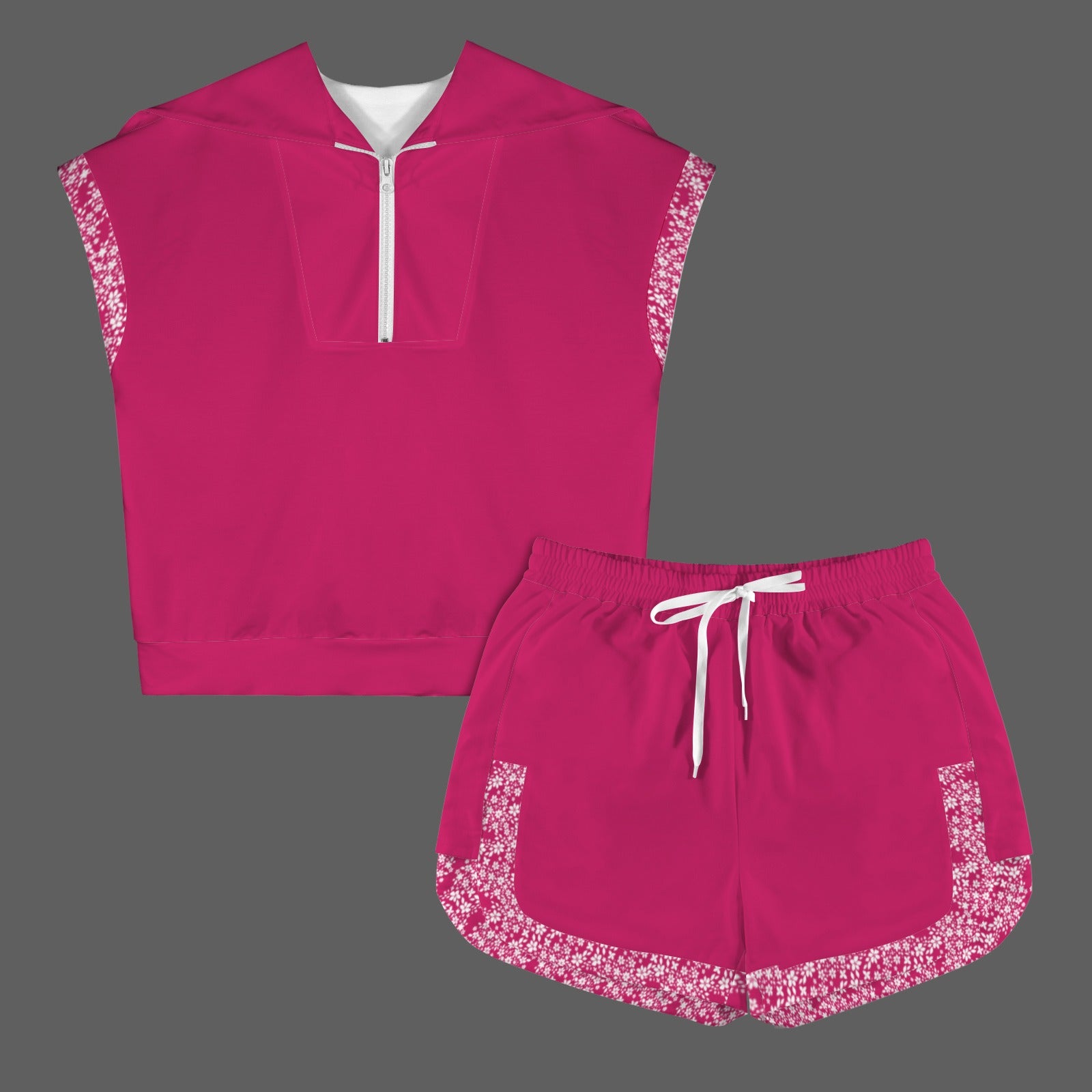 Raspberry Floral Short Sleeve Lapel Half Zip Top & Drawstring Shorts Set