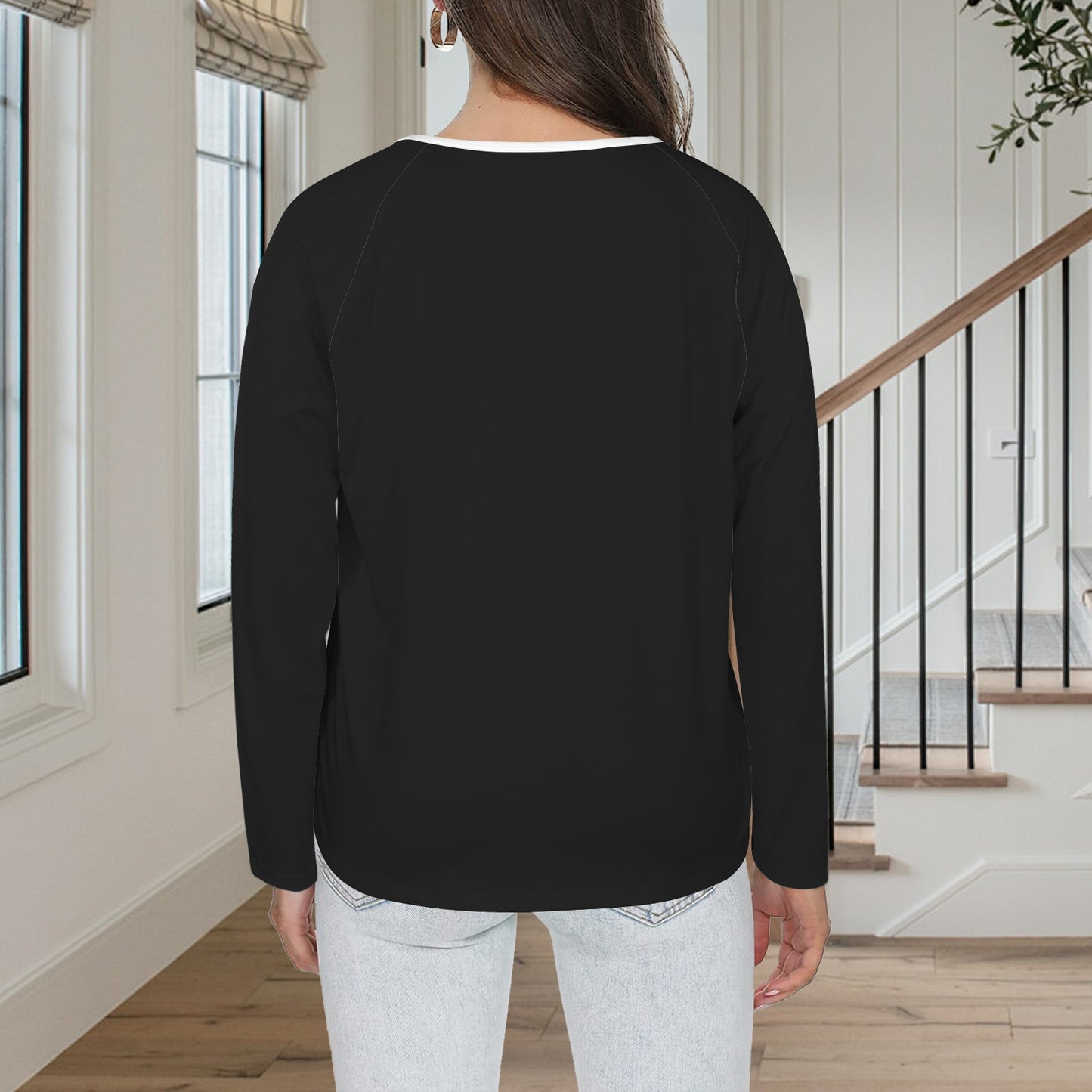 Button V Neck Long Sleeve T-Shirt Top Black