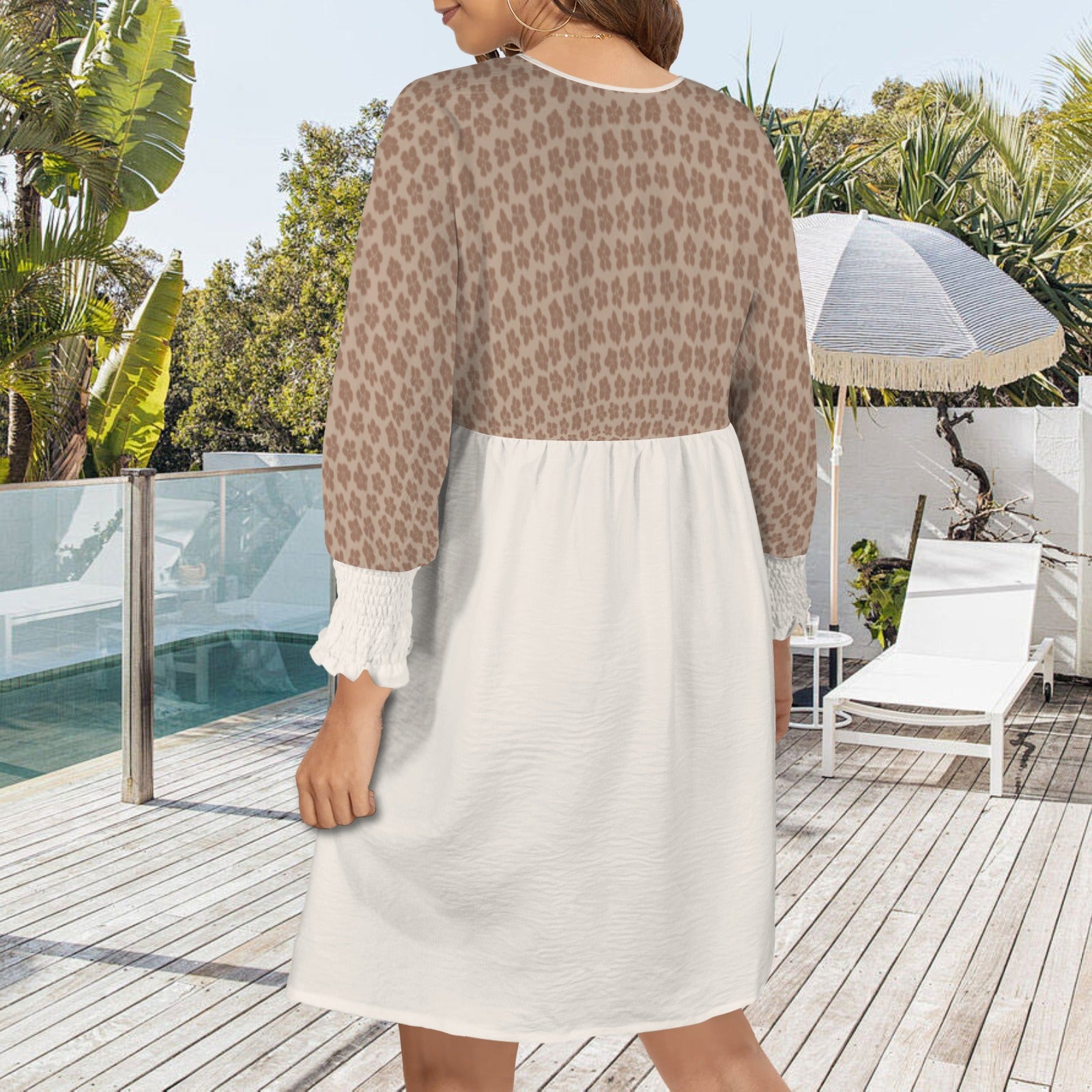 Black Crew Neck Smocked Short Sleeve Tunic Casual Style Dress Light Beige Brown Flower Print