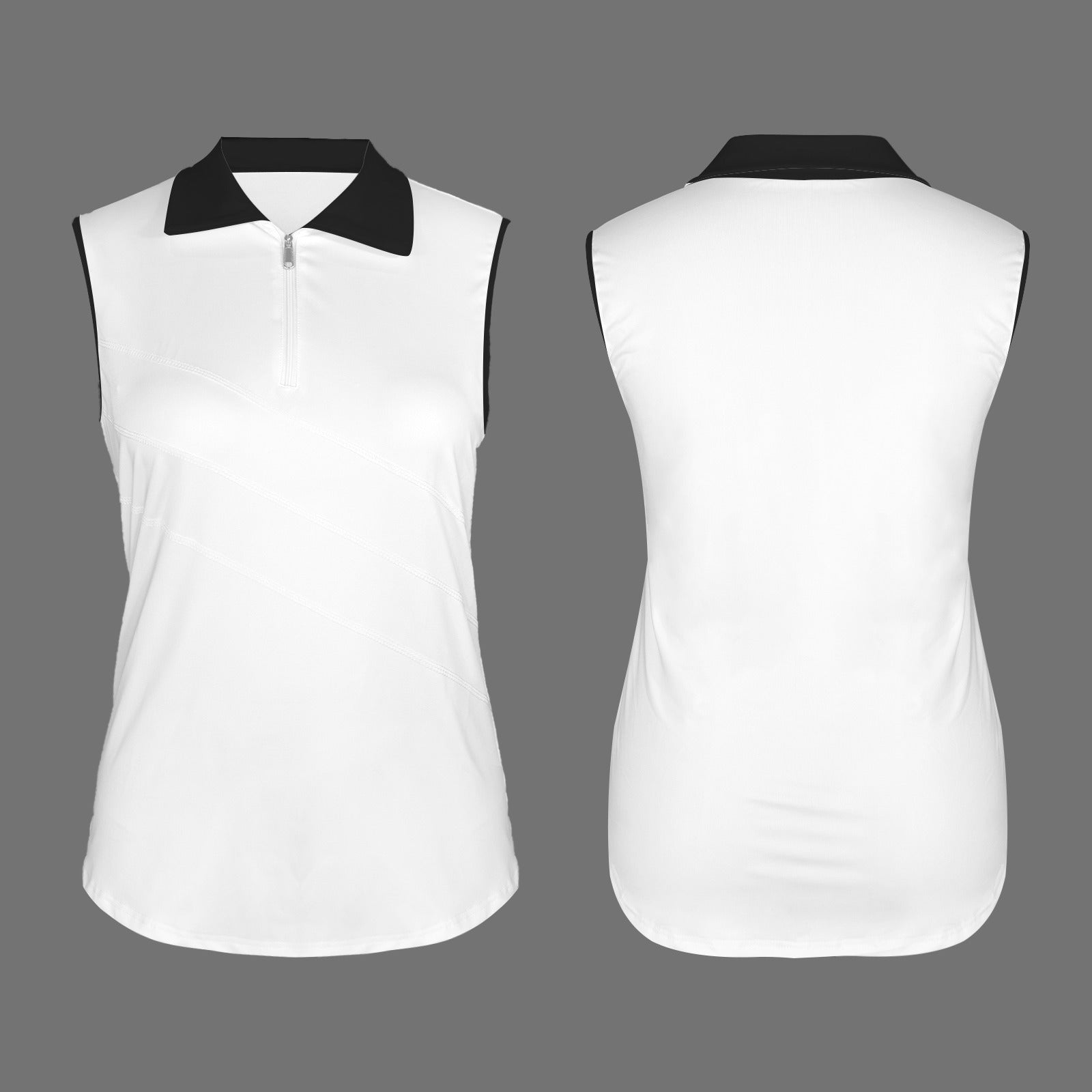 Sleeveless Polo Shorts Zip Up Sport Tank Top White & Black