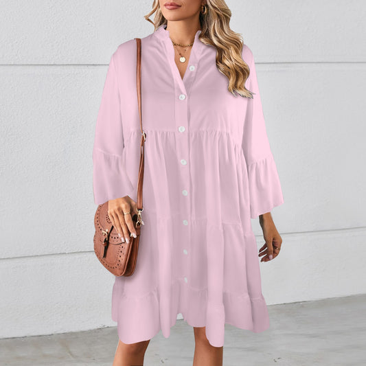 Flared Sleeve Button Tiered Shirt Dress Pink