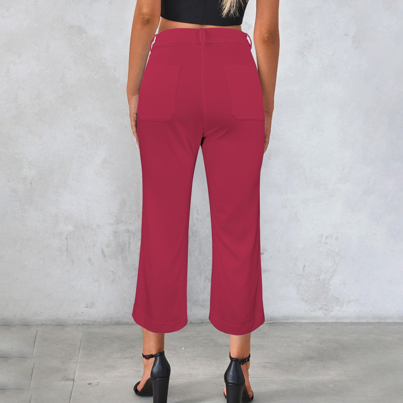 High Waist Pocket Flared Cropped Pants Red