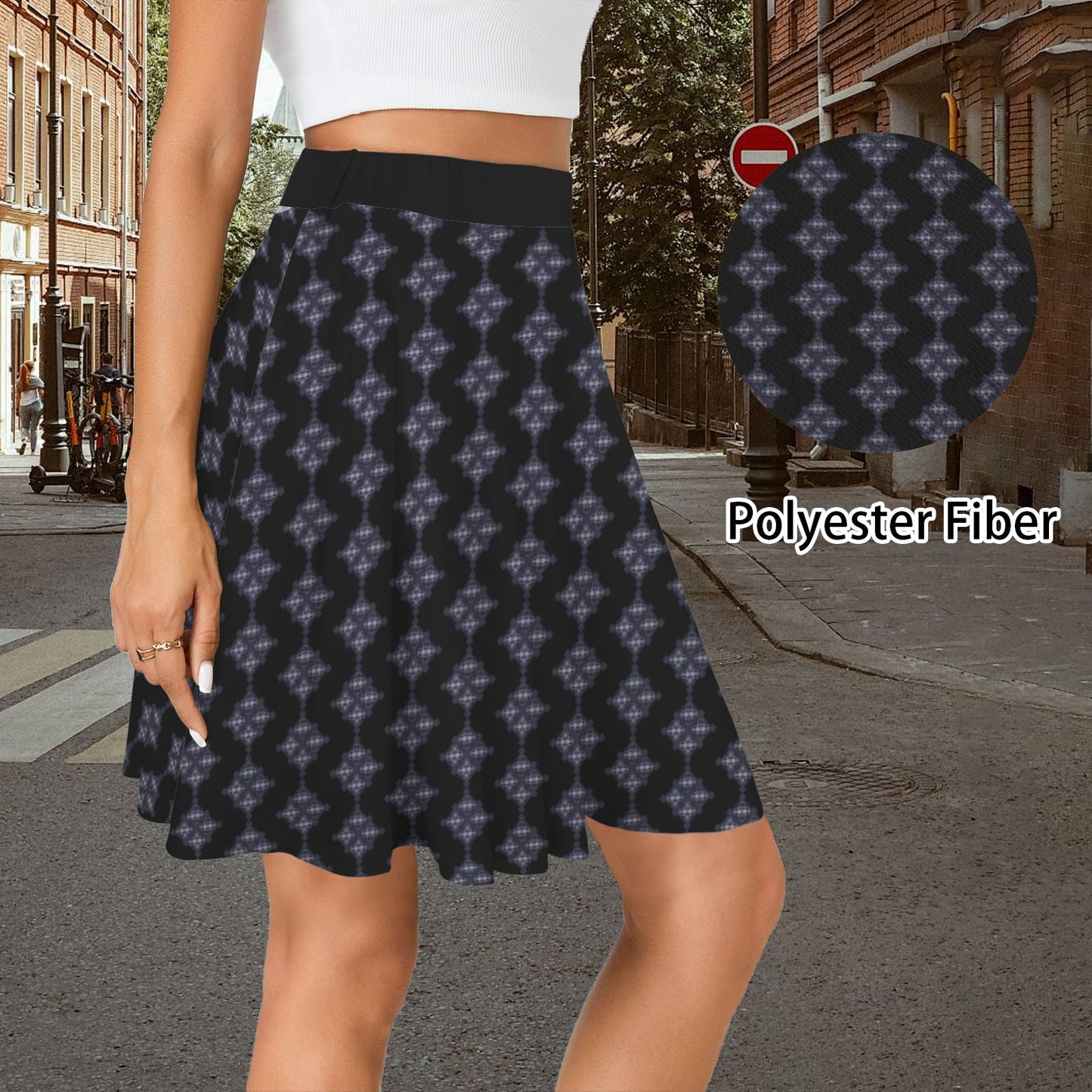 Elastic Waist Casual Flared Mini Skirt Black Blue é Diamond Print