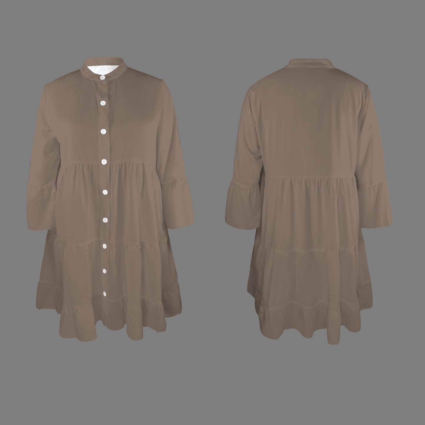 Taupe Flared Sleeve Button Tiered Shirt Dress