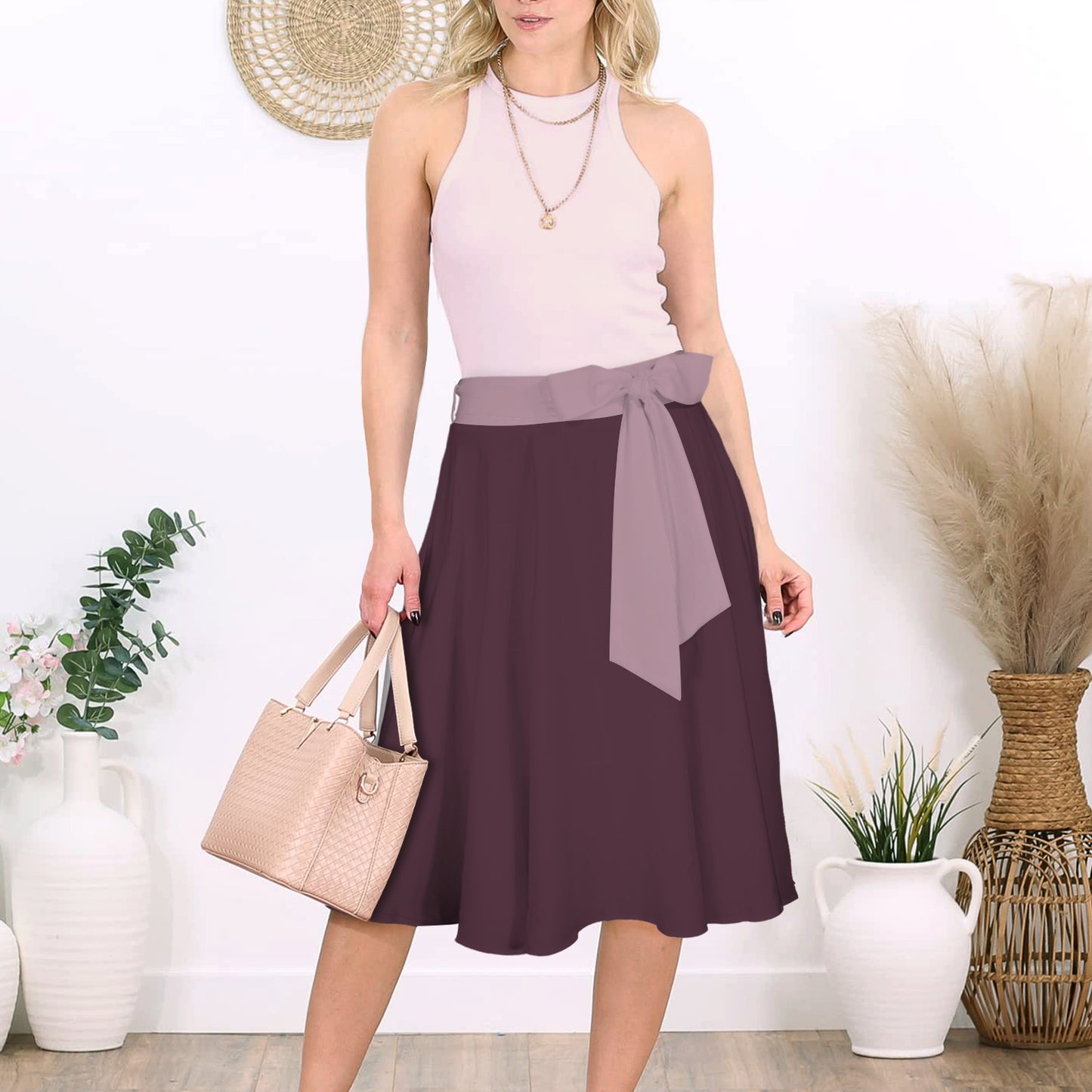 High Waist Bowknot Front A-line Skirt Dark Plum Mauve