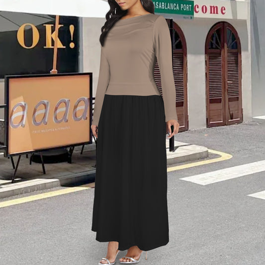 Long Sleeve Pocket Pleated Maxi Dress Dark Beige Black