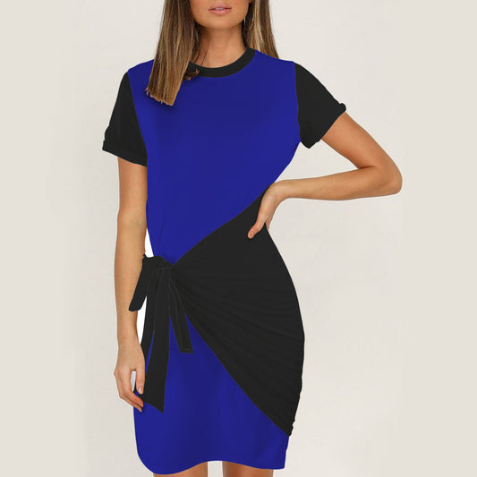 Short Sleeve Wrap Bodycon Ruched Tie Waist Black Royal Blue