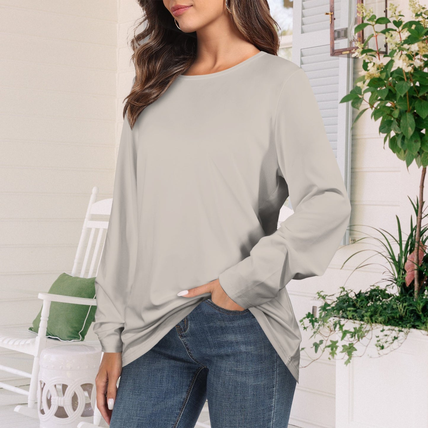 Long Sleeve Round Neck T Shirt Light Taupe