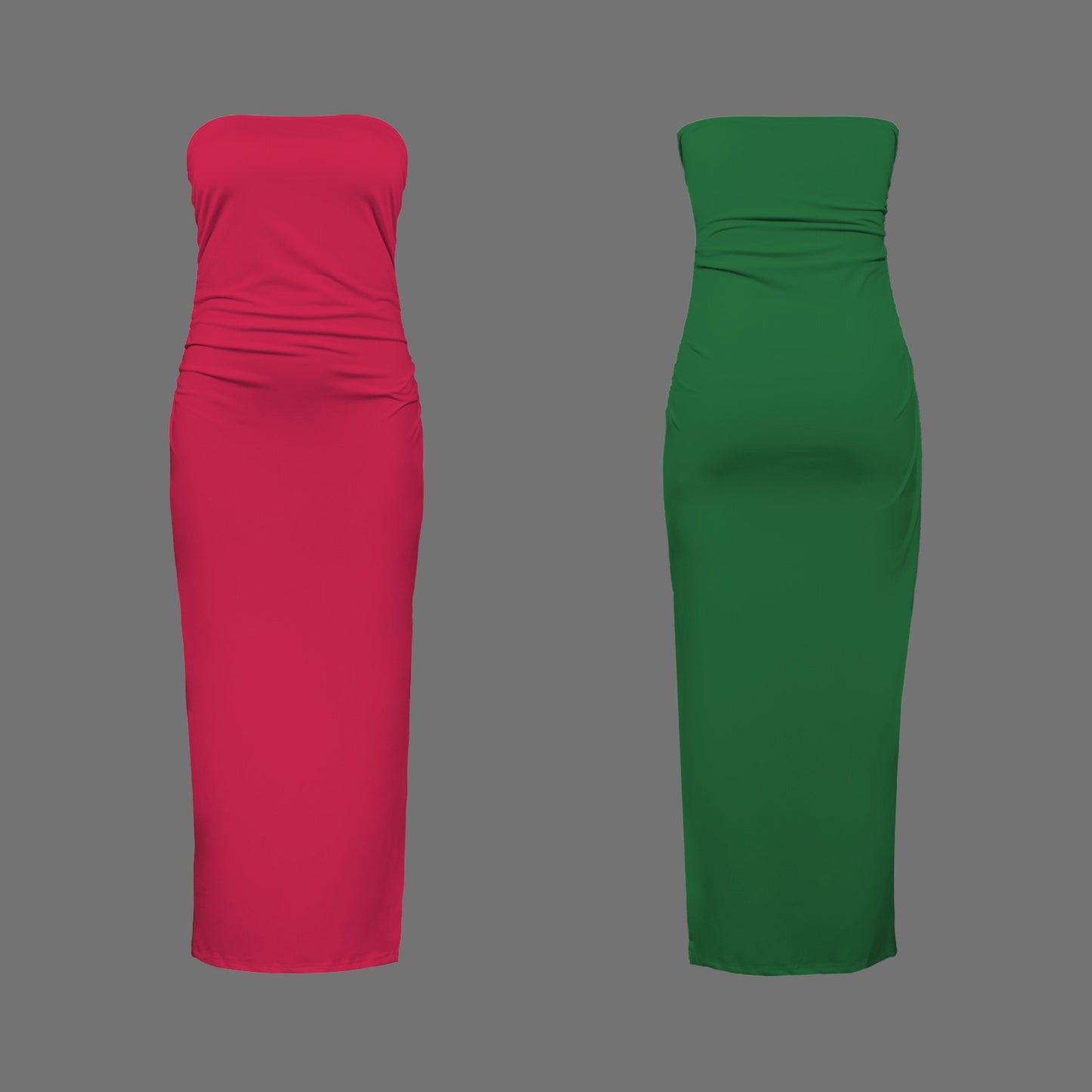 Strapless Side Slit Maxi Slim Fit Dress Holiday Red Green